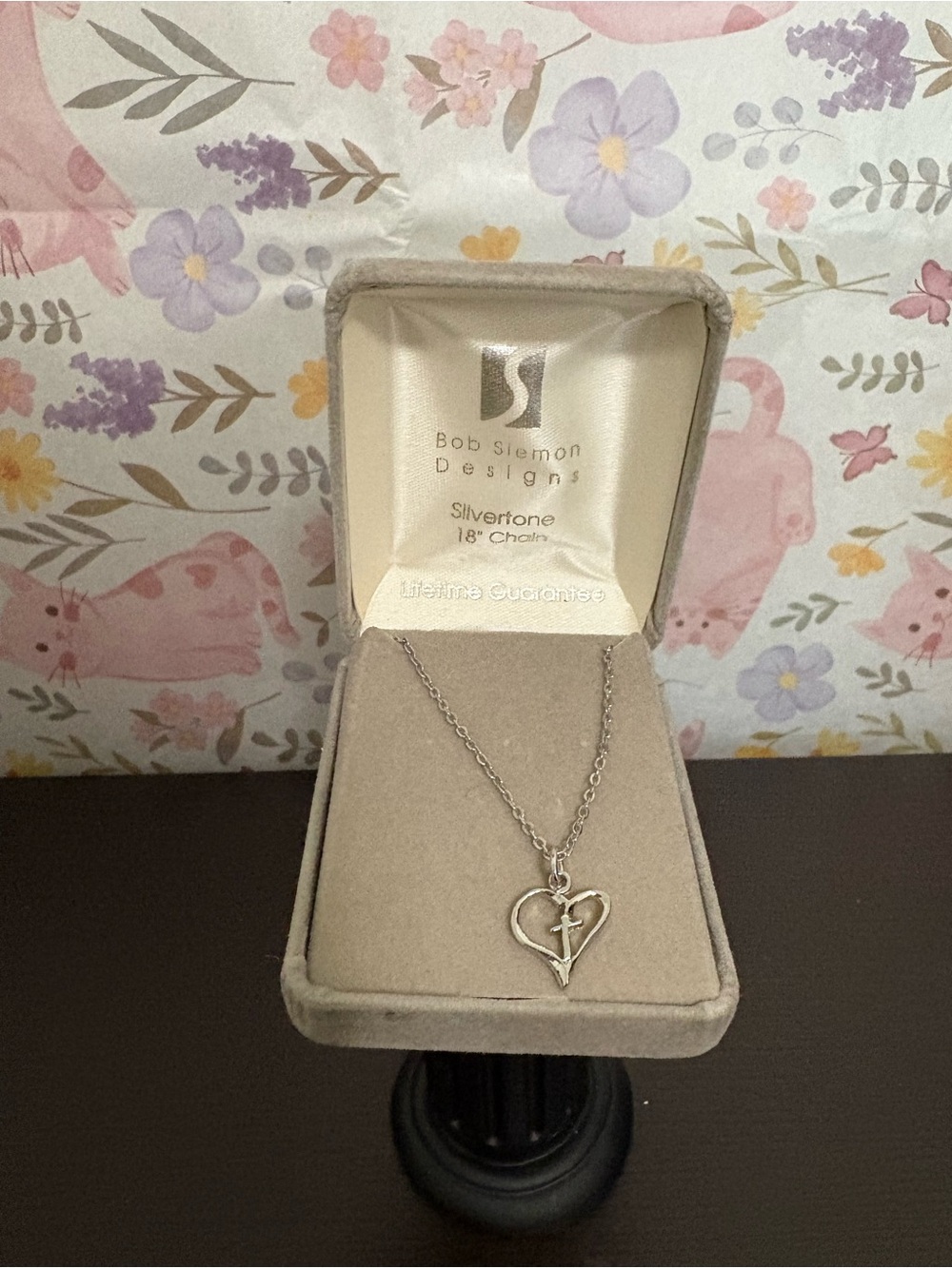 Bob Siemon Designs silver tone necklace heart pendant with cross. 18” chain. NIB